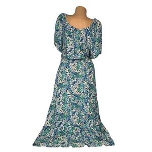 Loft Women's Blue Green Floral Maxi Dress Square Neck Puff Sleeve Size XL